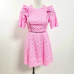 Romantic Barbie Dress by ASOS Pink Eyelet Lace Short Sleeve Open Back Sweetheart